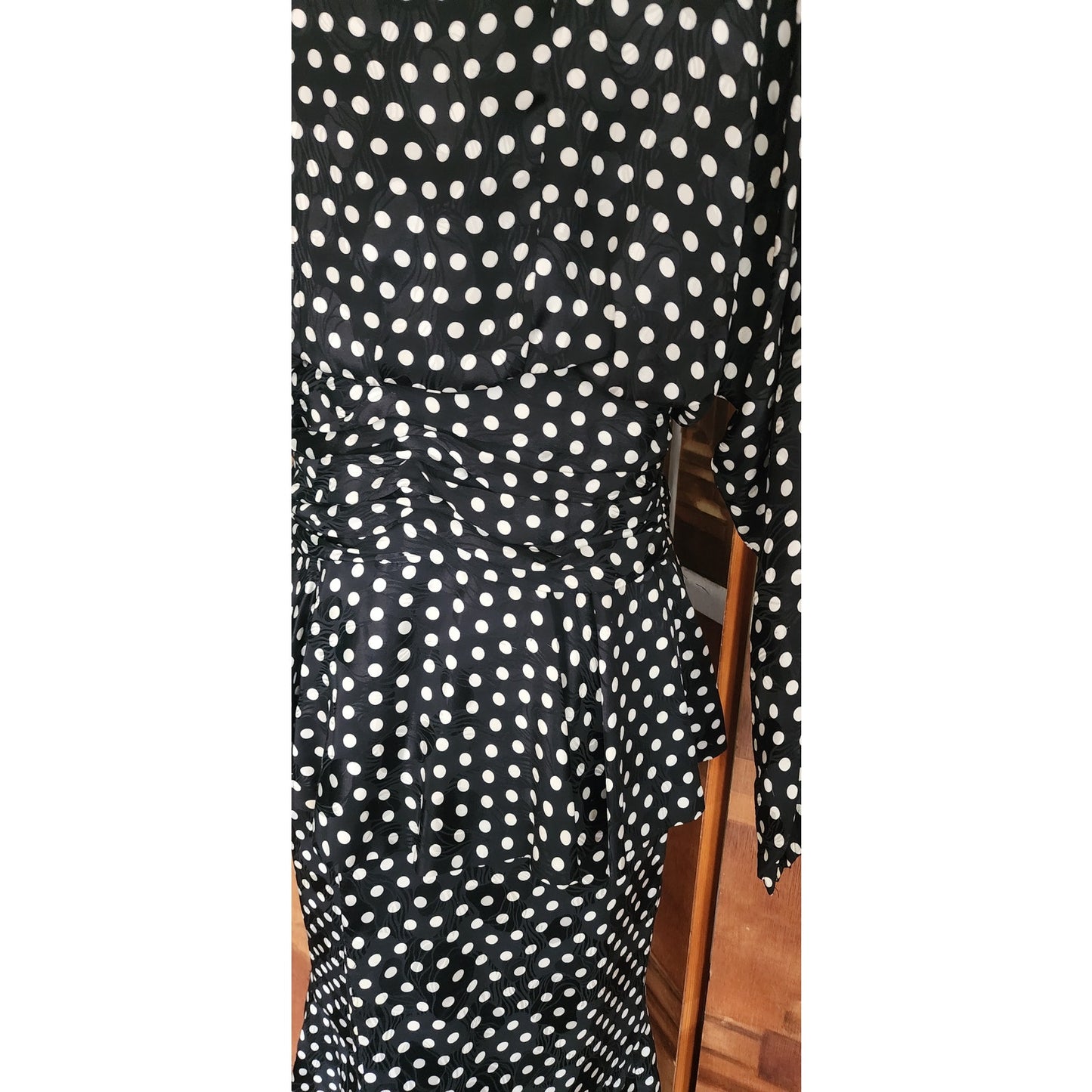 Vintage 80s Saint Romei Neiman Marcus Silk Polka Dot Peplum Jacket Fishtail Skirt Suit Set