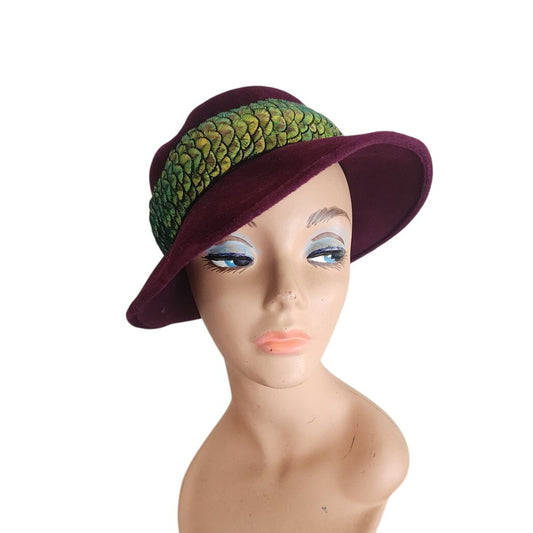 Vintage 60s Purple Velvet Hat Fedora w/Green Feathers by Paulette