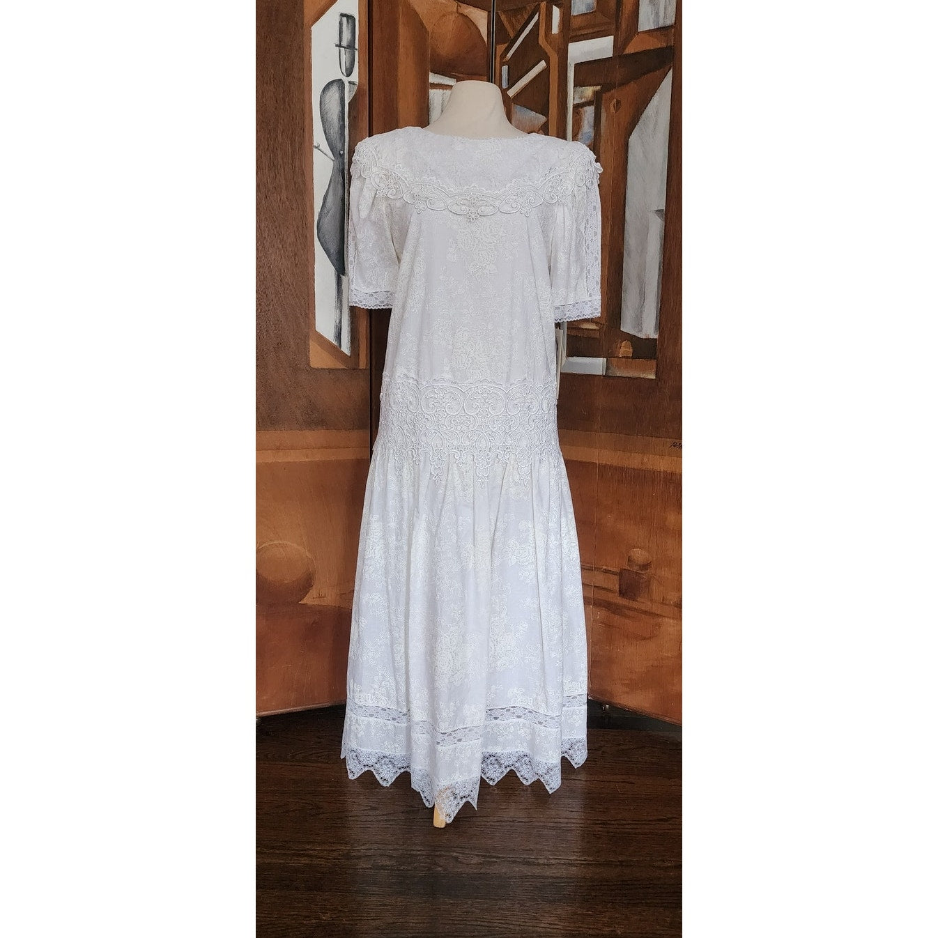 Vintage 80s Scott McClintock White Lace Dress Drop Waist Puffed Sleeves NWT