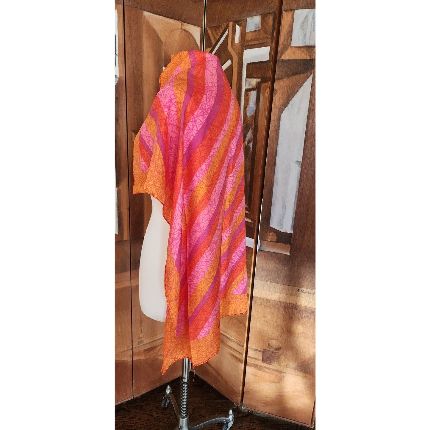 Vintage 70s Liberty of London Silk Scarf Large Orange Pink Diagonal Stripe
