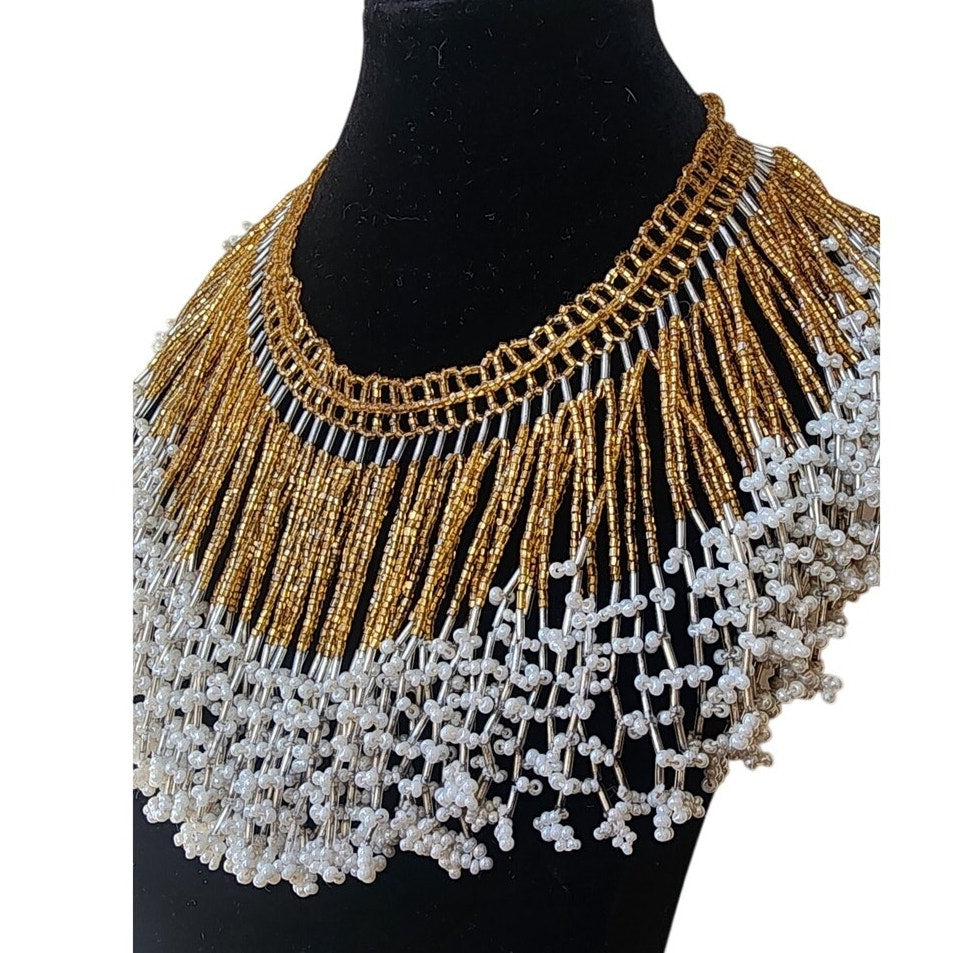 Vintage Bib Necklace Boho Fringed Collar Gold Glass Faux Pearl Beads