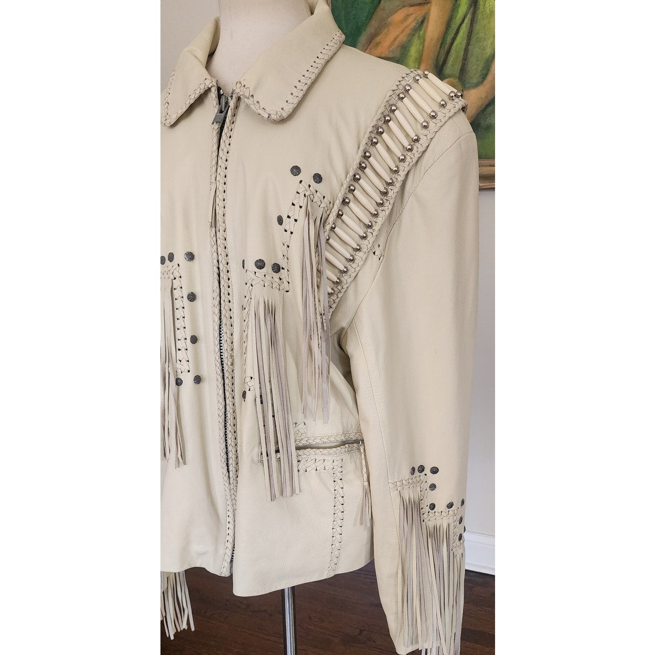 Vintage 1980s White Leather Jacket SUNRIDERS Fringe, Studs & Bone Beads XXL
