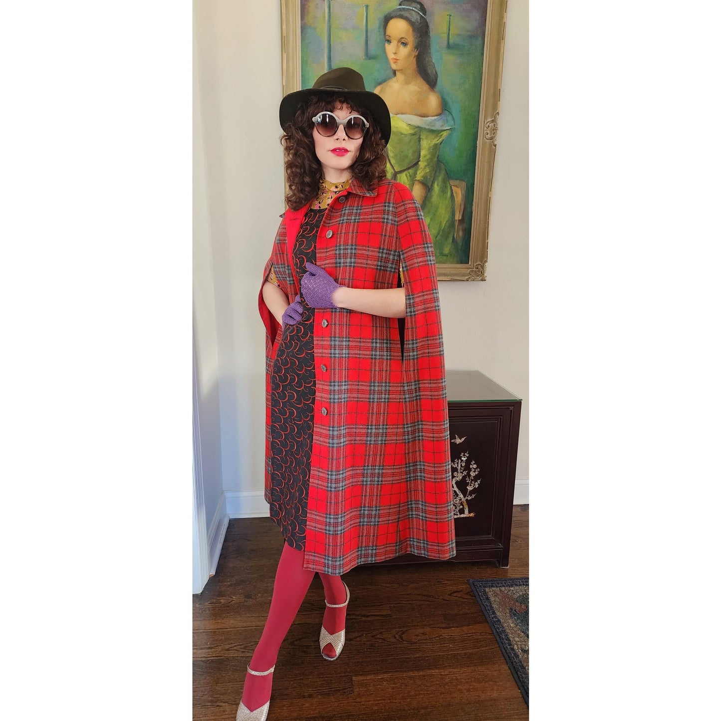 Vintage 60s Cape Red Plaid Reversible Cloak