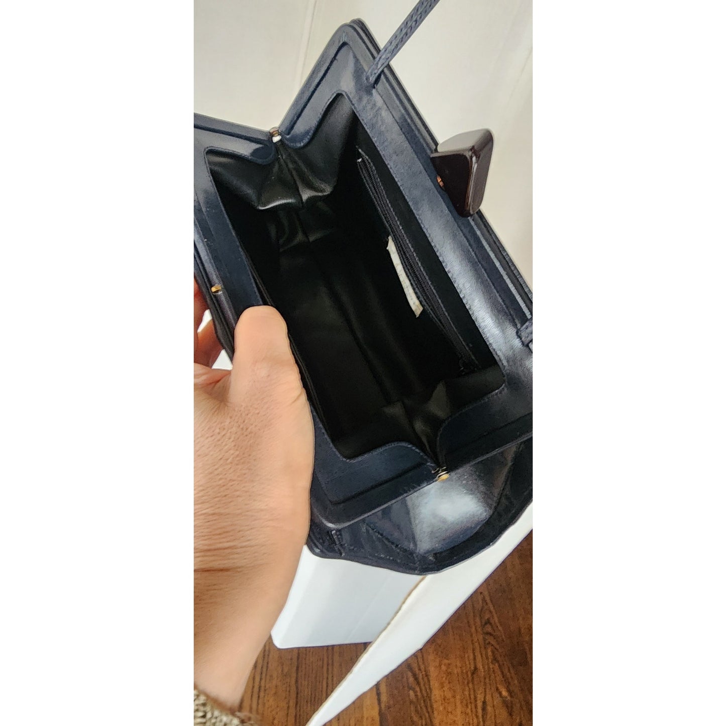 Vintage 80s Art Deco Purse Shoulder Bag / Clutch Navy Blue Leather Jay Herbert