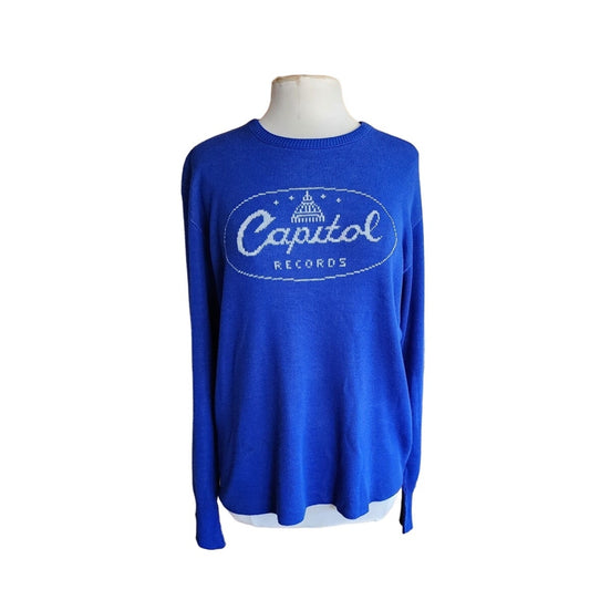 Vintage 70s Capital Records Sweater Blue Acrylic Broadway Knitting Mills LA