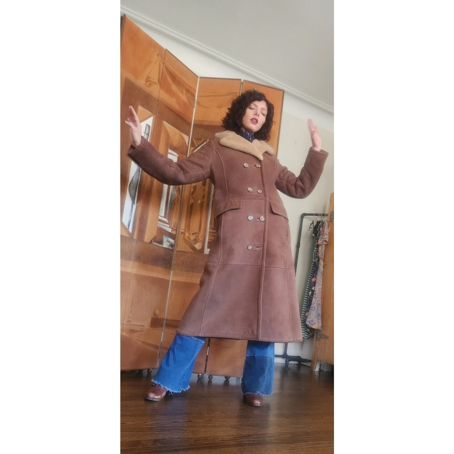 Vintage 1970s Shearling Coat Brown Suede Long Parka Double Breasted