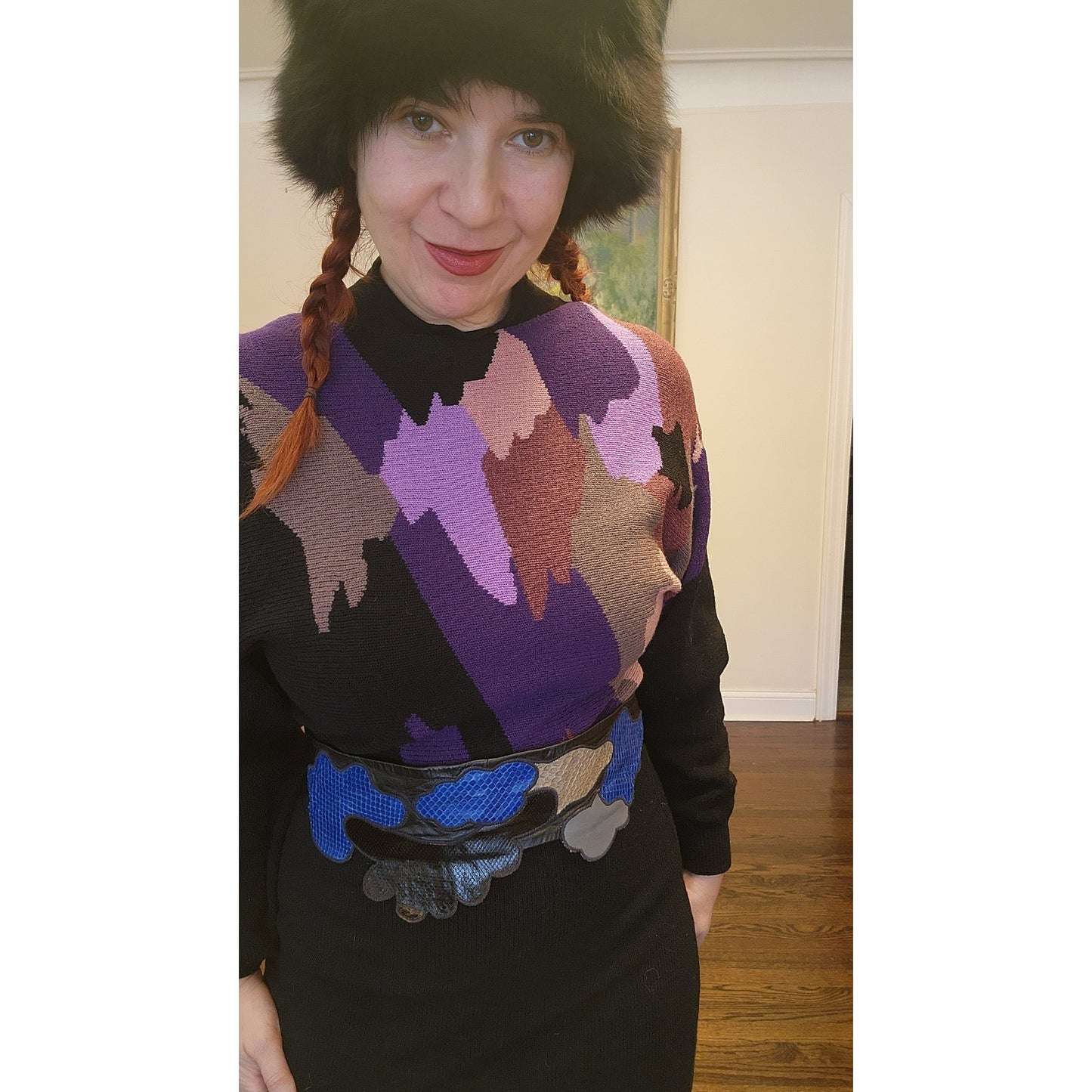 Vintage 1970s Sweater Dress by ADOLFO Saks Fifth Avenue Purple Pink Black Abstract Knit / M