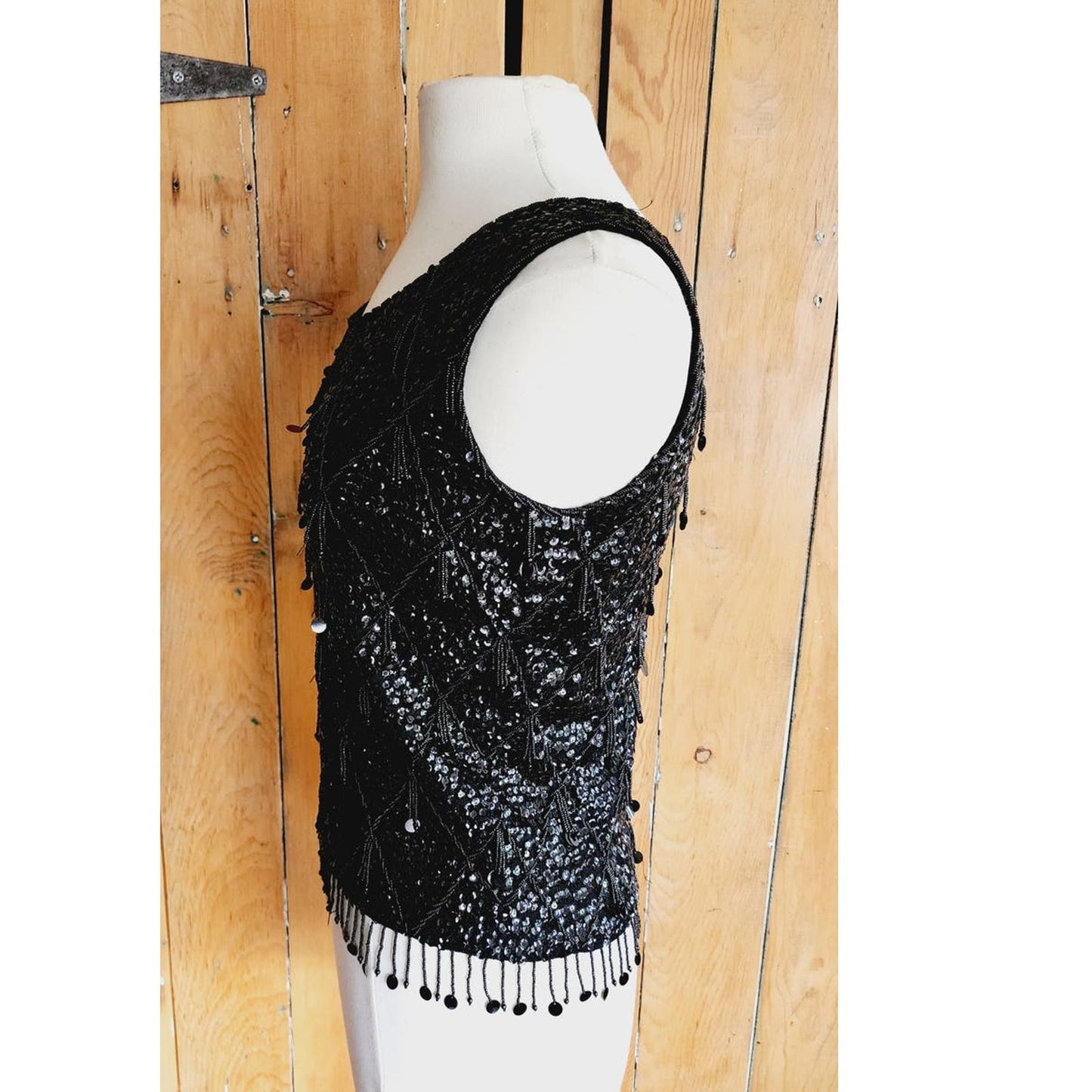 Vintage 60s Black Beaded Shell Top Dressy Sleeveless