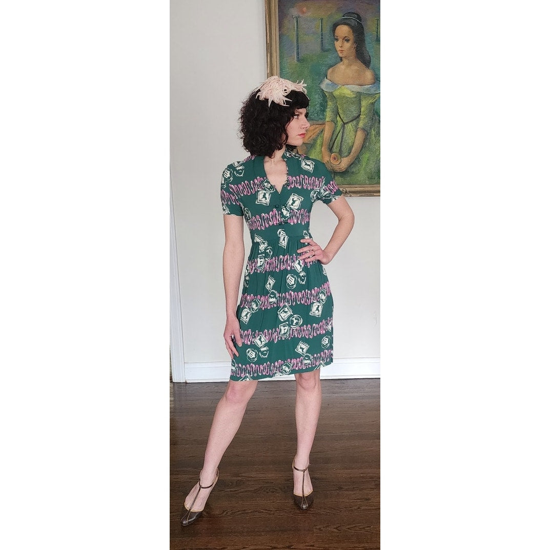 Vintage 40s Rayon Dress Green Pink Novelty Print Ancient Greek Greece Classical Art