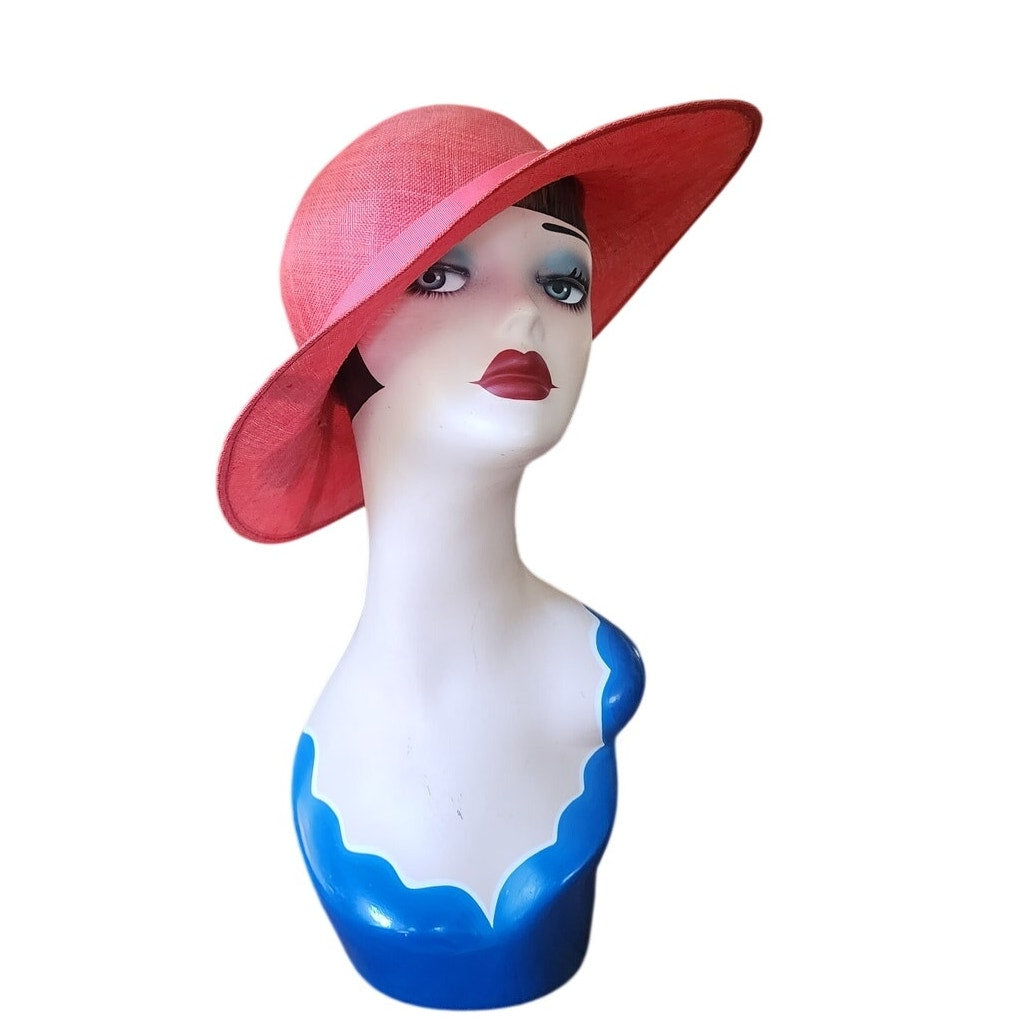 Vintage 90s Herbert Johnson Hat Pink Straw Wide Brim Floral Summer Sunhat