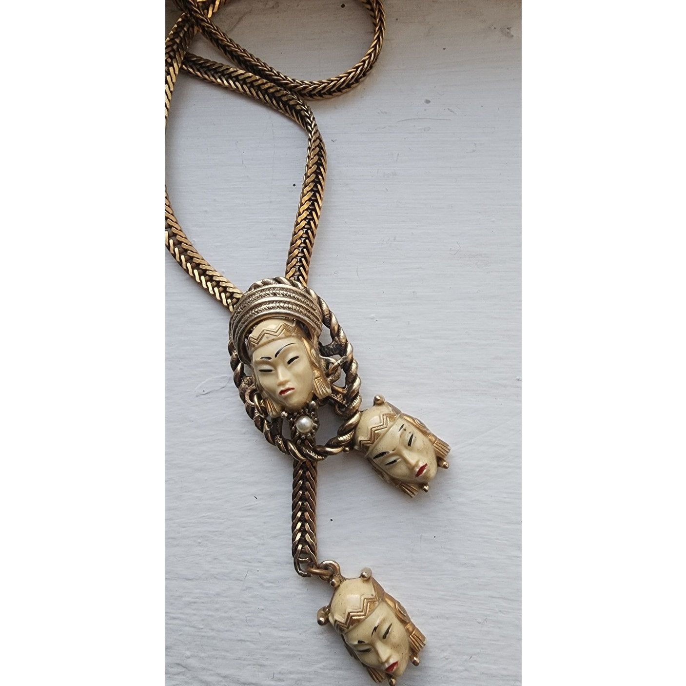 Vintage 50s SELRO SELINI Necklace Asian Princess Pendants Thai Girl Heads Faces Masks