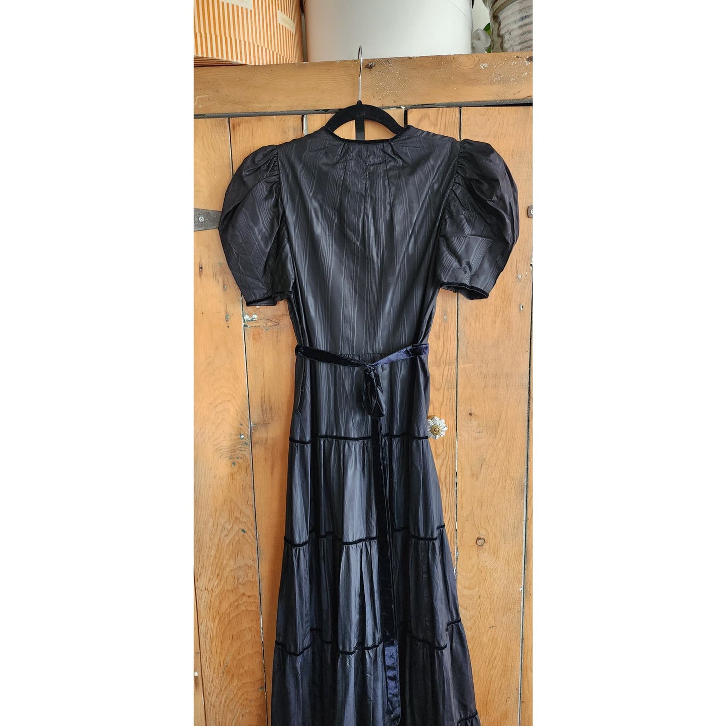 Vintage 30s Black Evening Dress Waterfall Taffeta Short Puffed Sleeves