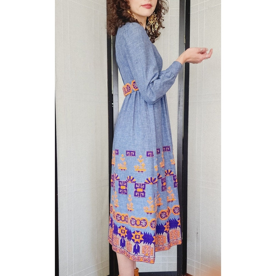 Vintage 70s Embroidered Boho Dress Peasant Style w/Belt Sash Joan Leslie Kasper