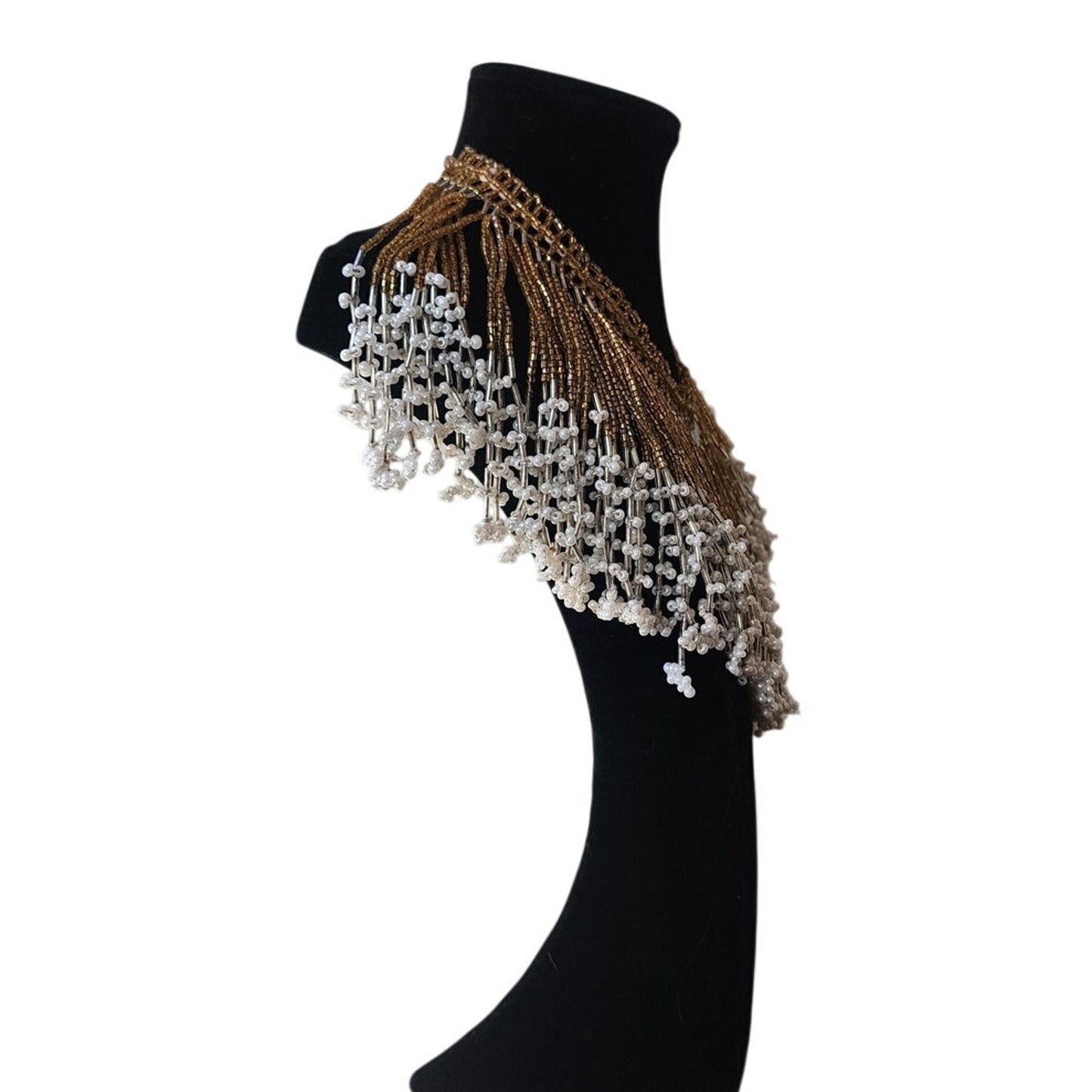 Vintage Bib Necklace Boho Fringed Beaded Collar Choker Gold Maximalist Egyptian