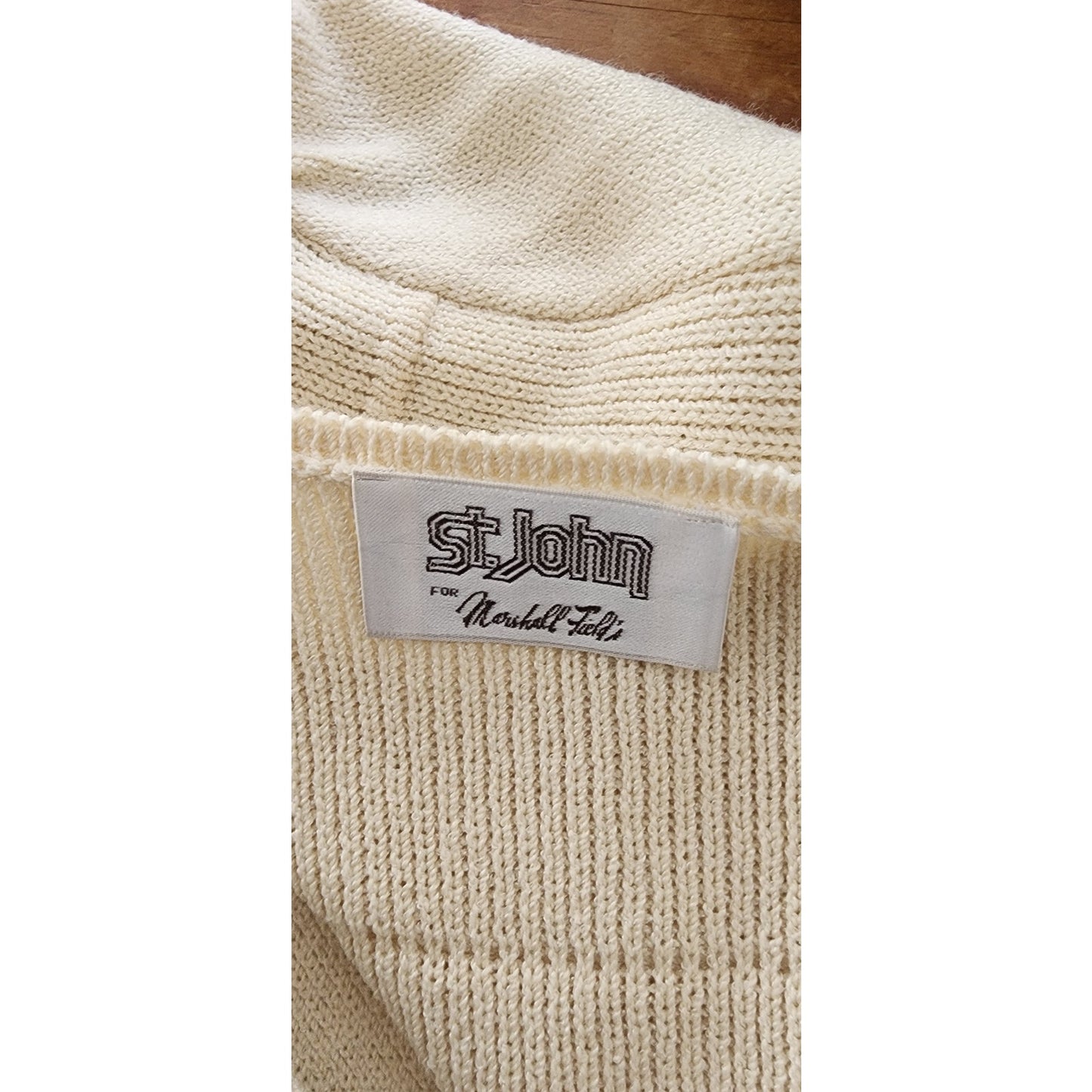 Vintage 70s St John Knit Skirt Suit + Blouse Three Piece Set Cream Navy Blue