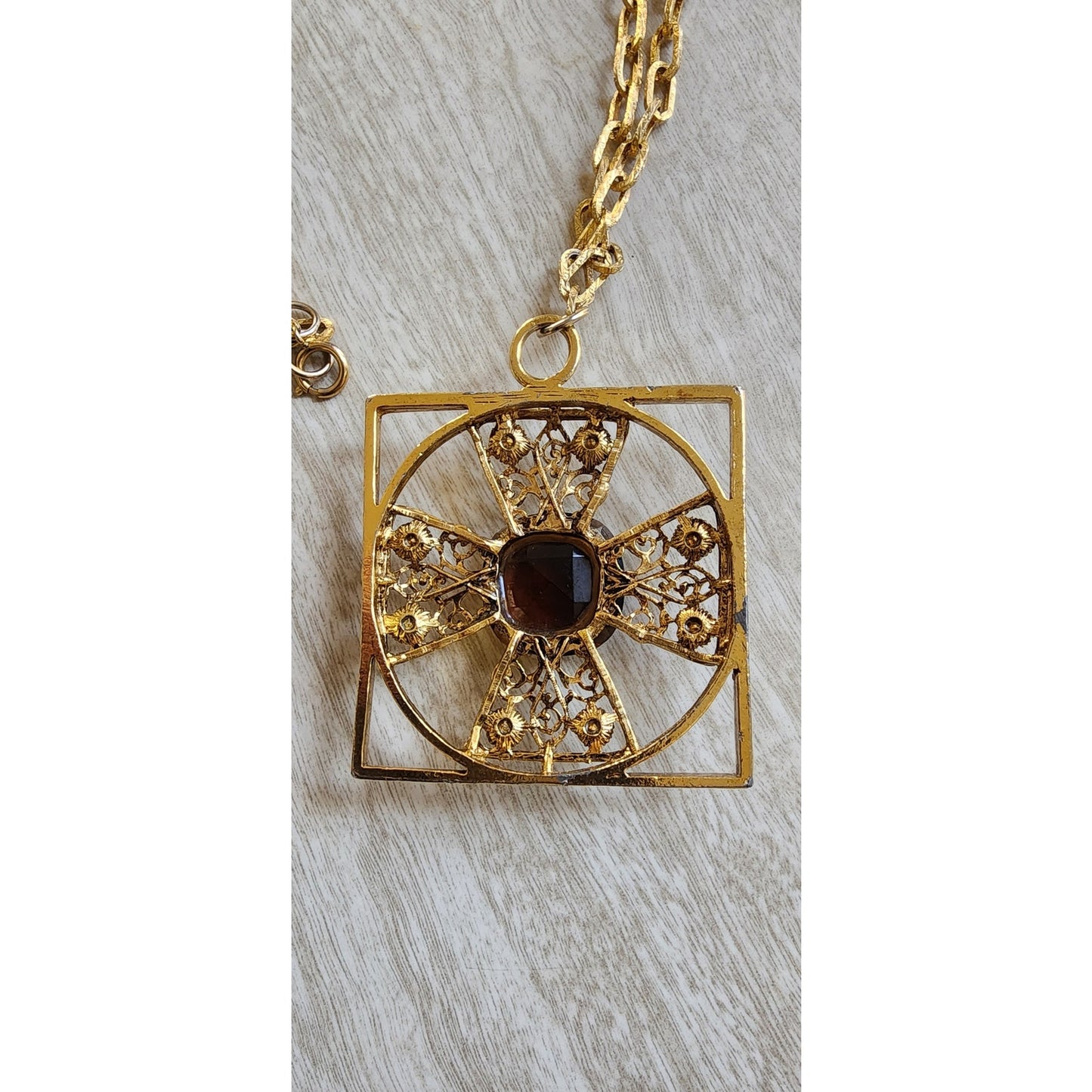 Vintage 60s Baroque Pendant Necklace Maltese Cross Gold Amber Brown Glass