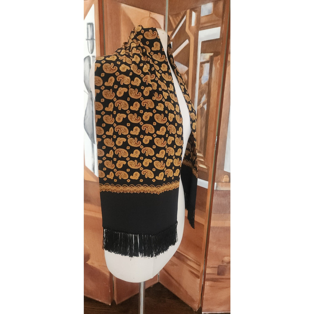 Vintage 1990s DKNY Scarf Black Gold Paisley Print Silk Oblong Fringe Donna Karan