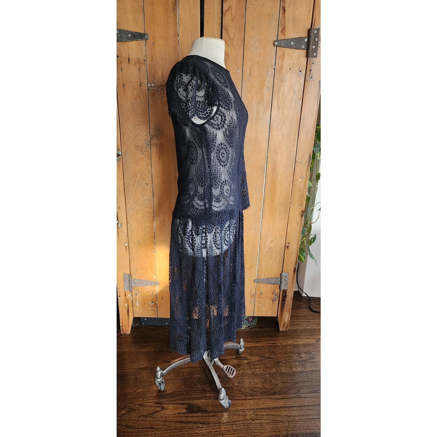 Vintage Black Lace Sheer Dress Drop Waist Short Sleeves