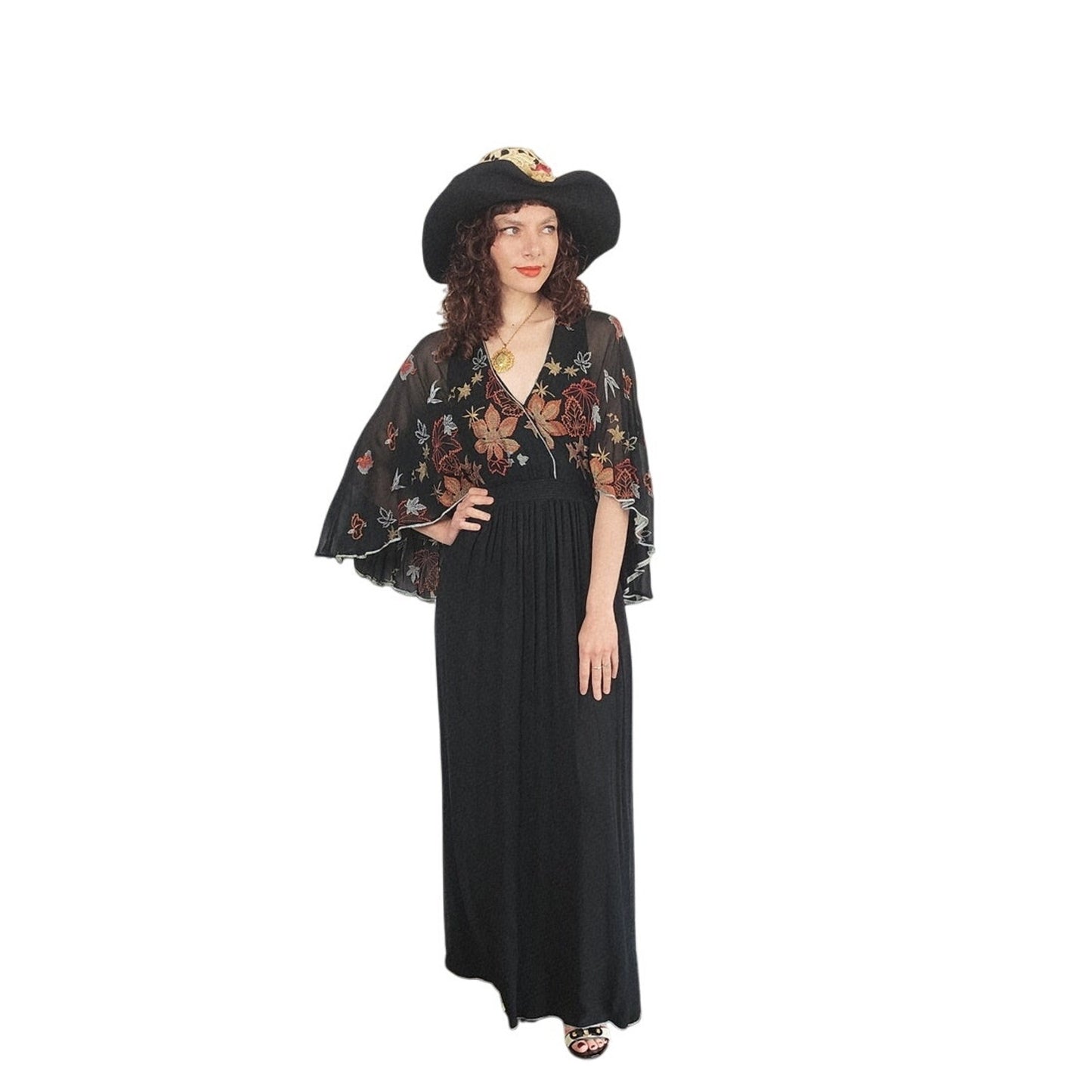 Vintage 1970s Janice Wainwright Dress Embroidered Black Maxi Butterfly Sleeves XS Tall