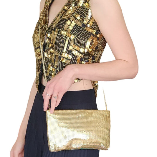 Vintage 70s Evening Bag in Gold Mesh Crossbody Whiting Davis