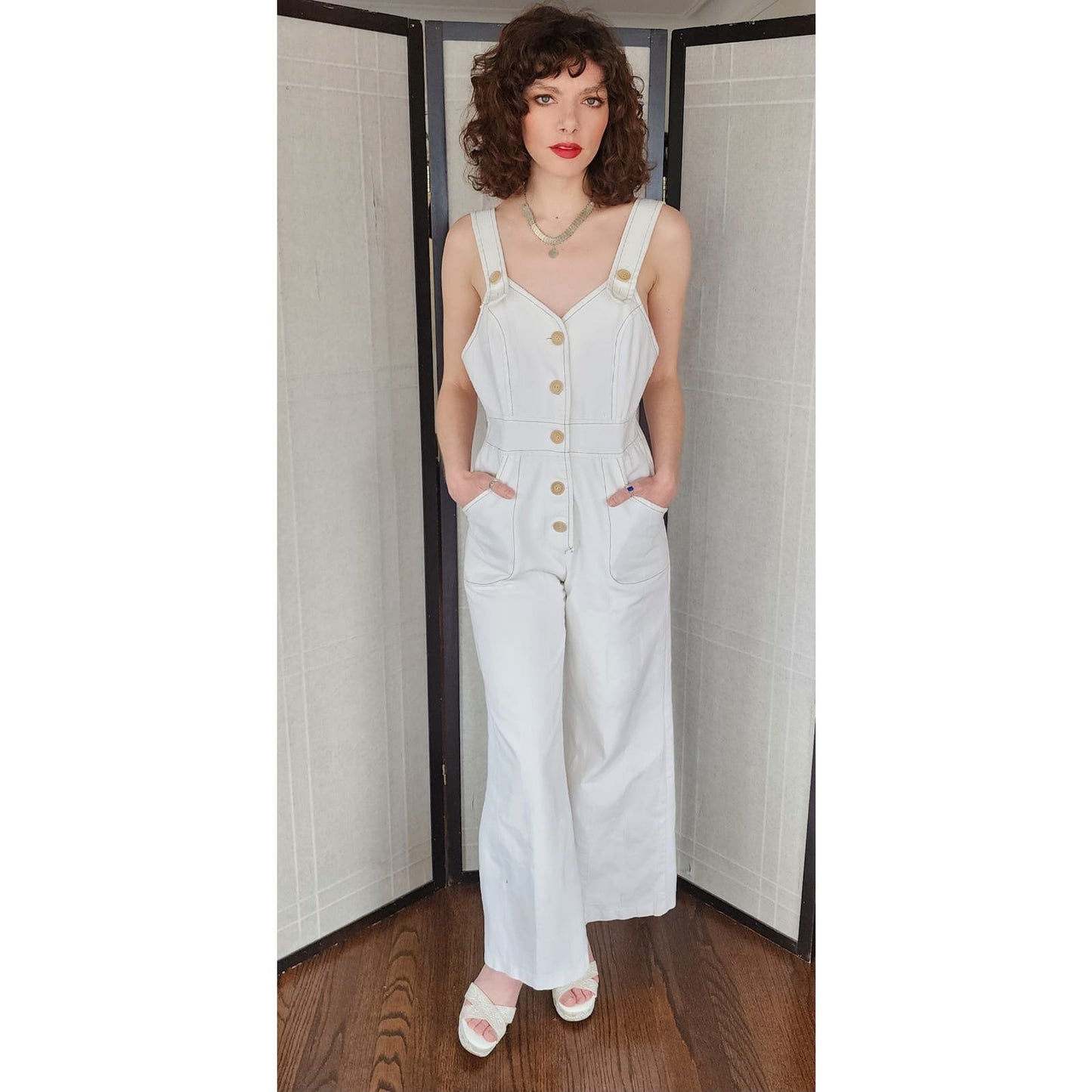 Vintage 70s Jumpsuit in White Cotton Big Pockets