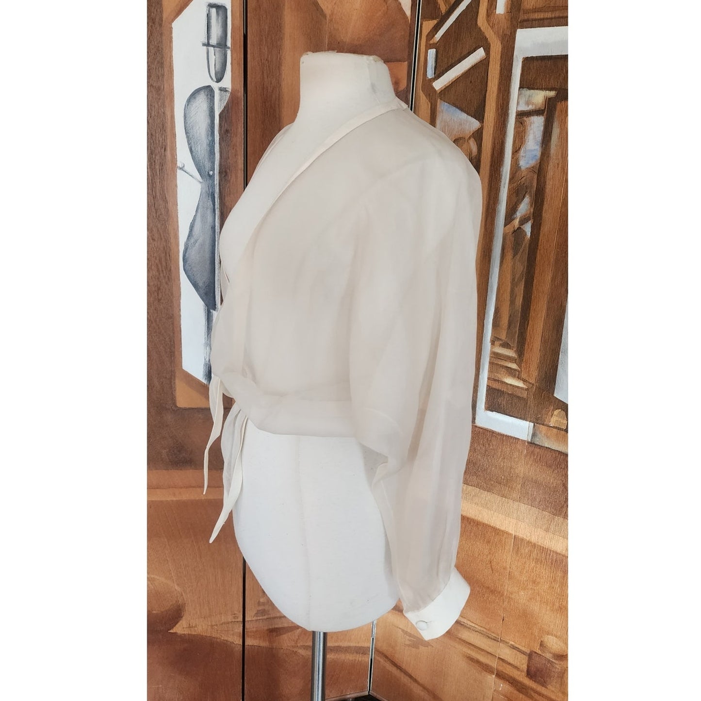 Vintage 90s White Sheer Organza Silk Blouse Tie Front Summer Jacket Victoria March Chicago
