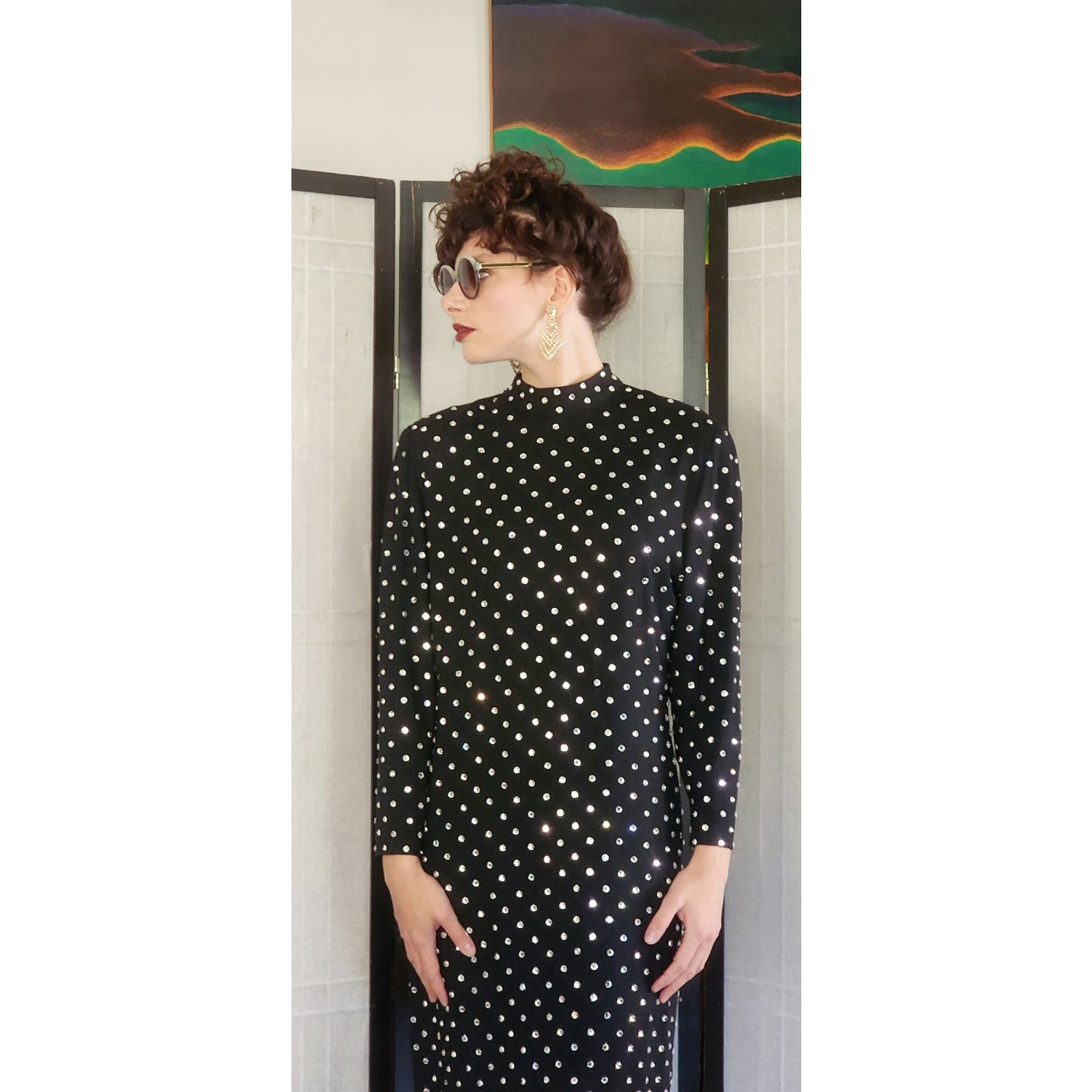 Vintage 80s Rhinestone Beaded Dress Black Long Sleeves by Richilene / M