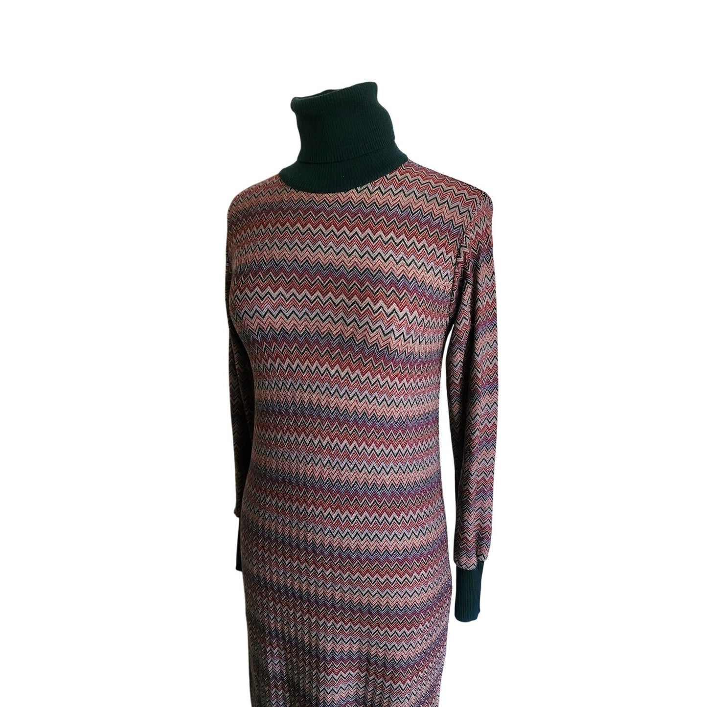 Vintage 1970s MISSONI Knit Dress Long Sleeved Turtleneck Zigzag Pattern