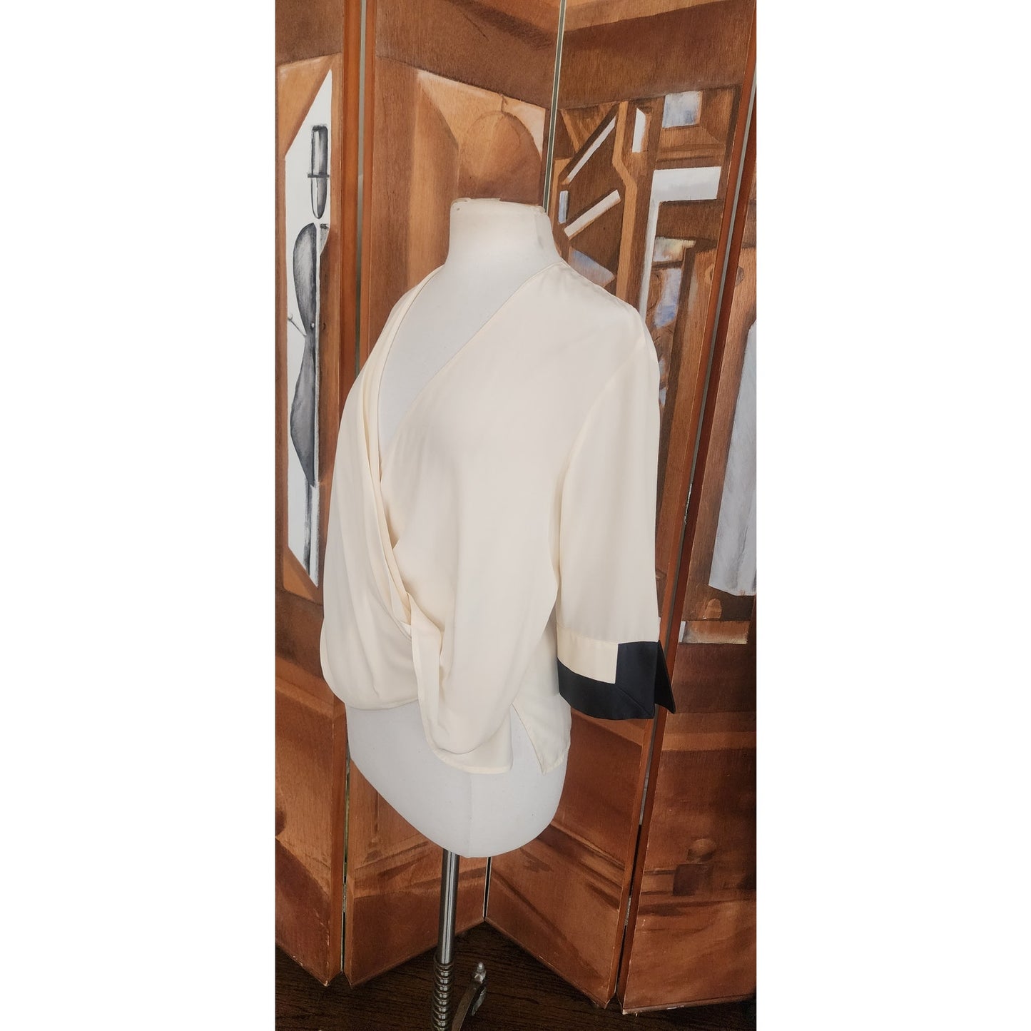Vintage 90s Gianfranco Ferre Cream Silk Wrap Blouse Black Cuffs Asymmetrical Top