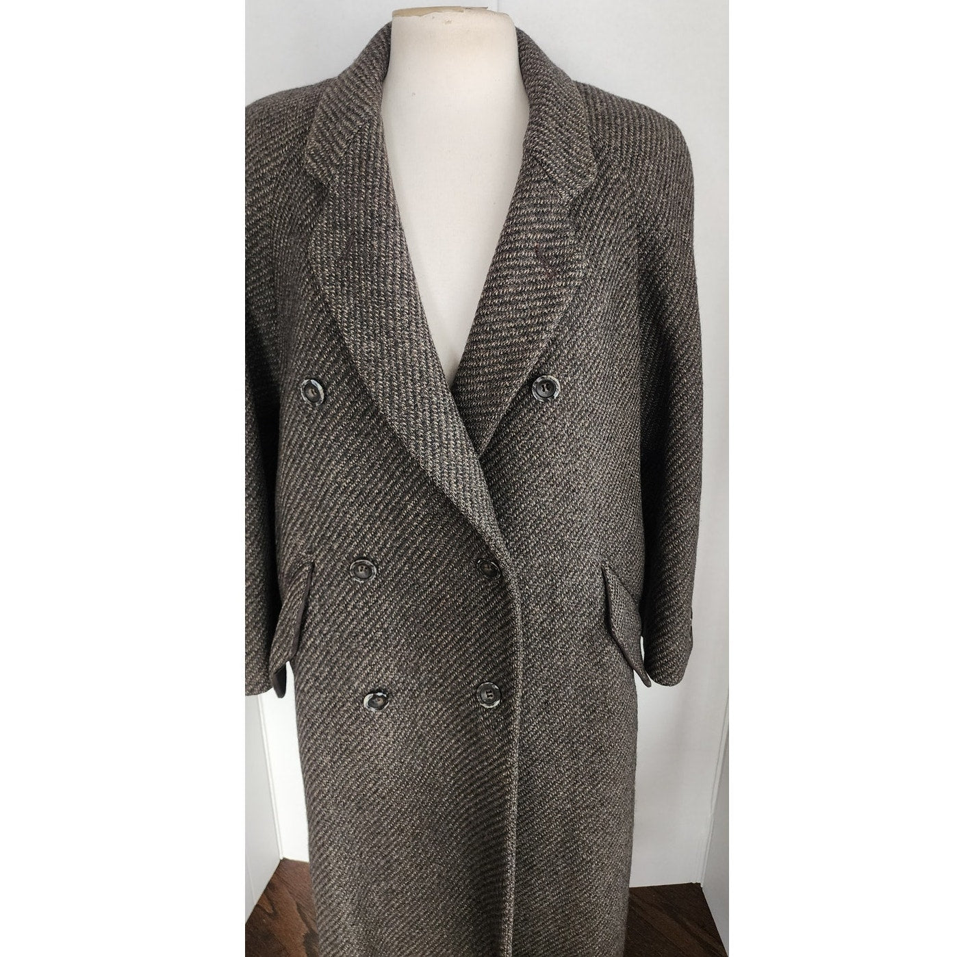 Vintage 80s Coat Gray Wool tweed Double Breasted Harve Benard