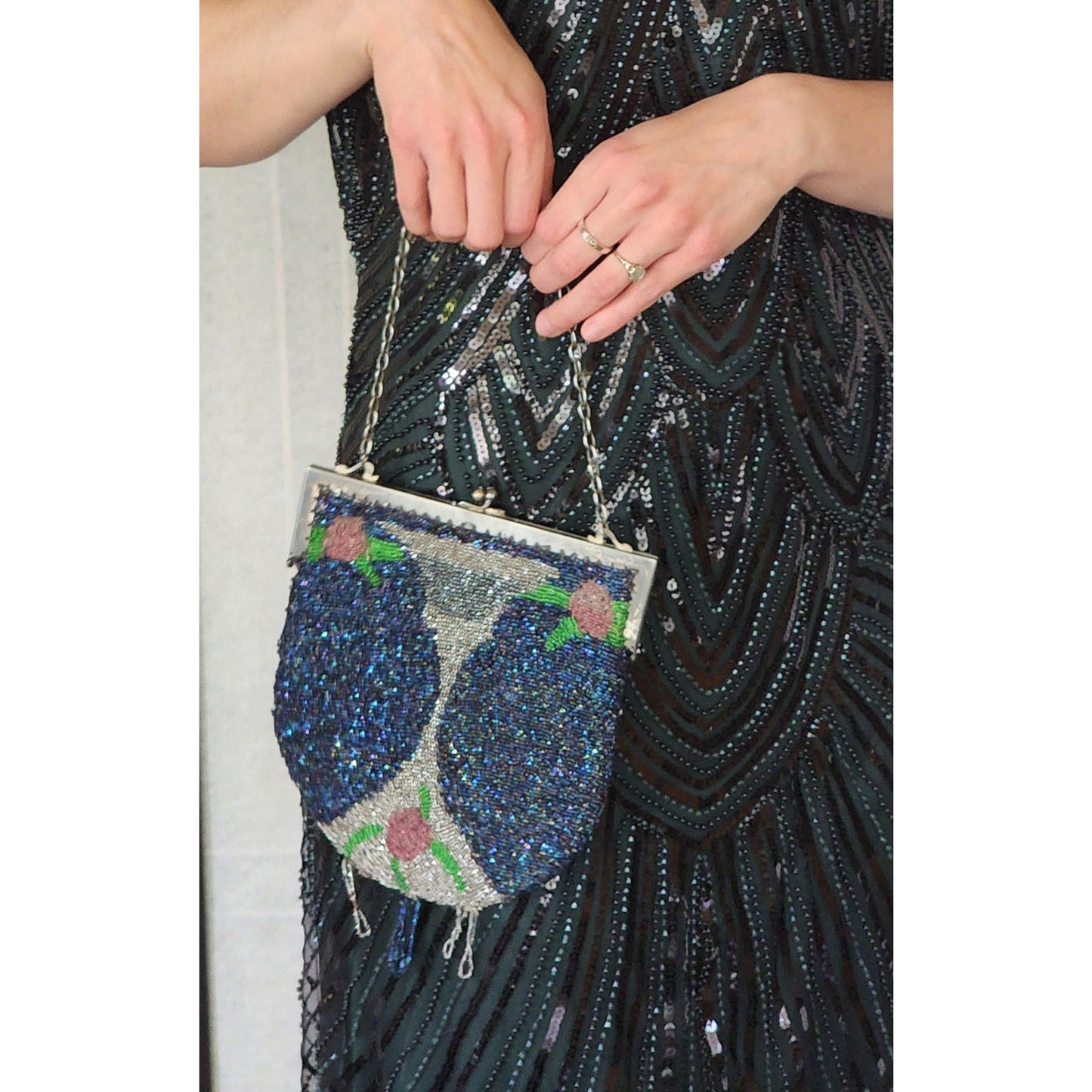 Vintage 20s Beaded Bag Blue Silver Flapper Purse Martini Glass Design