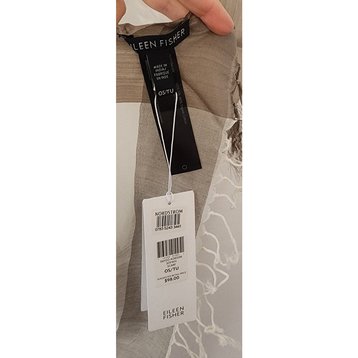 Eileen Fisher White Scarf Cotton Silk Handloomed India NWT