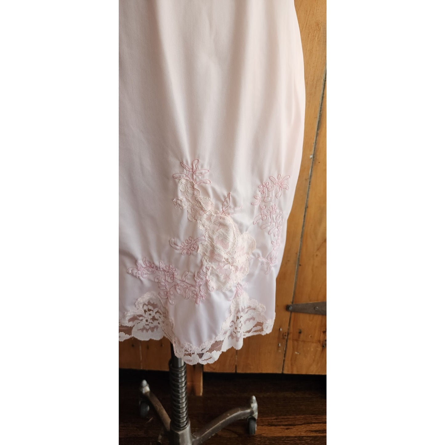 60s Pink Nylon Slip Dress w/Lace Knee Length Medium