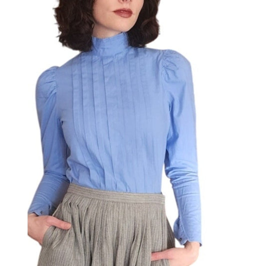 Vintage 80s LAURA ASHLEY Cornflower Blue Cotton Blouse Long Sleeves / XS