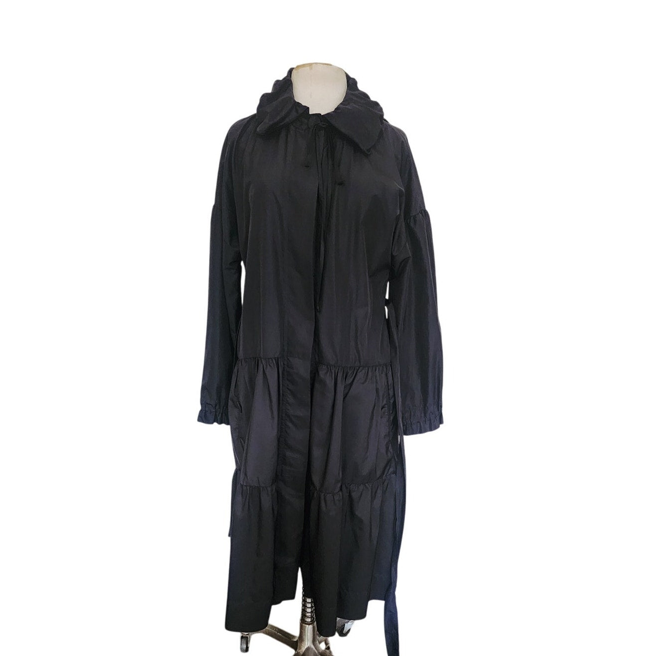 Vintage 2000s Sonia Rykiel Coat Dress / Black Trench Belted Raincoat Ruffled Skirt + Hood / M