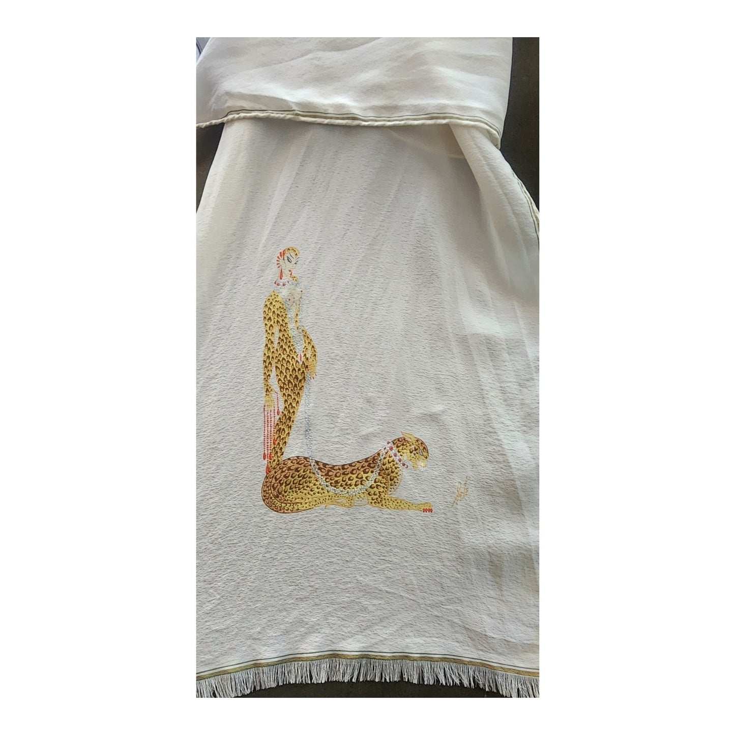 Vintage 1980s Erte Silk Scarf White Gold Art Deco Leopard Lady Letter L Femme Panthere
