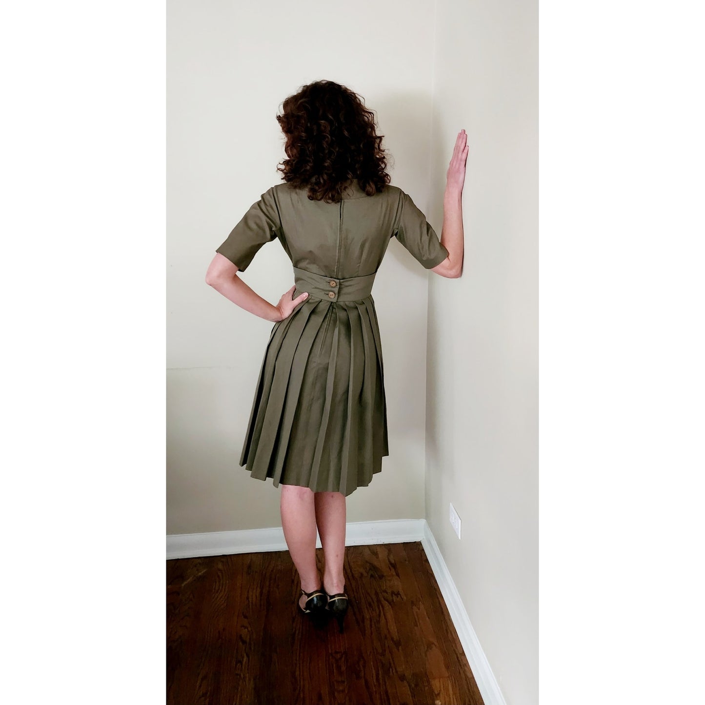 Vintage 50s Jacques Heim Couture Dress Olive Green Wool