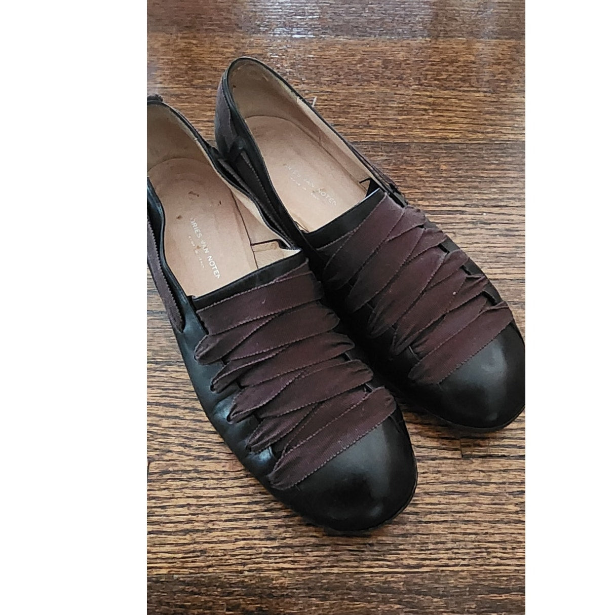 Vintage 1990s Dries Van Noten Shoes Black Leather Ballerina Flats Crisscross Ribbon Straps 39