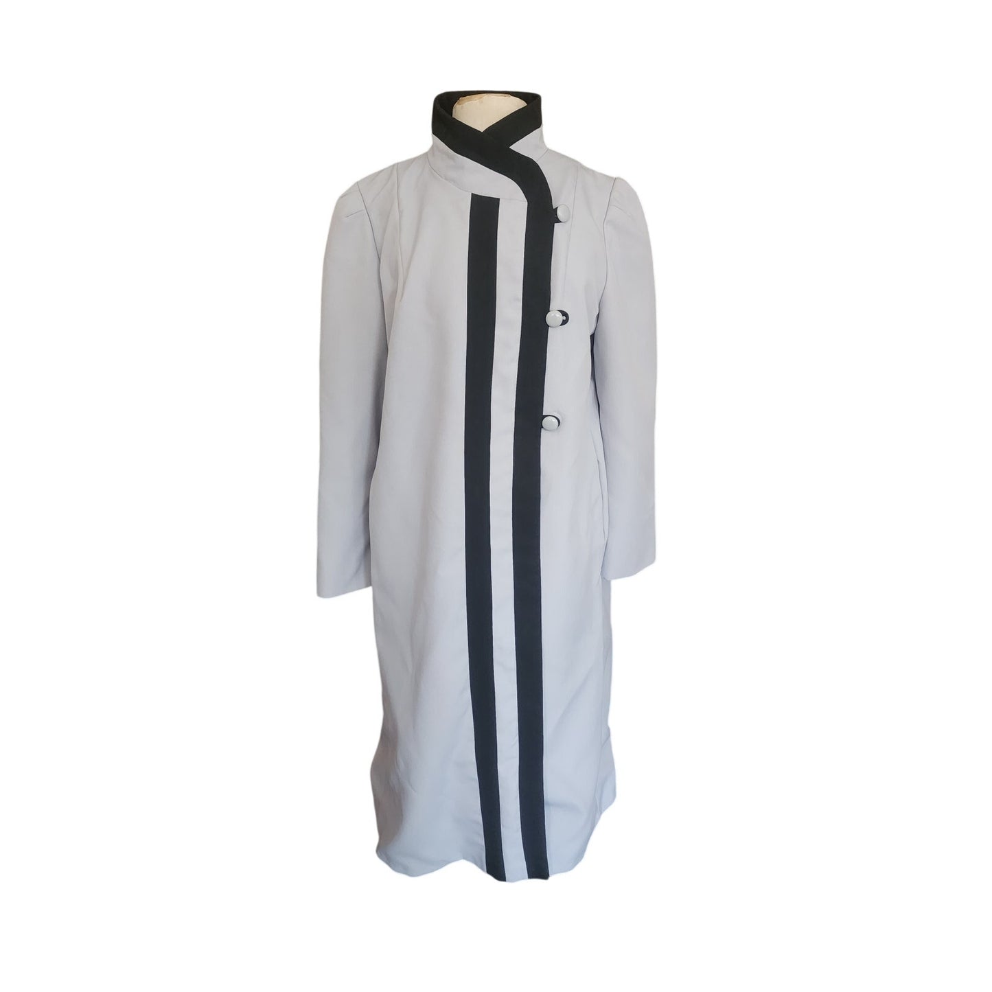 Vintage 1980s Alorna Spring Coat Gray w/Black Art Deco Style Trim / XL