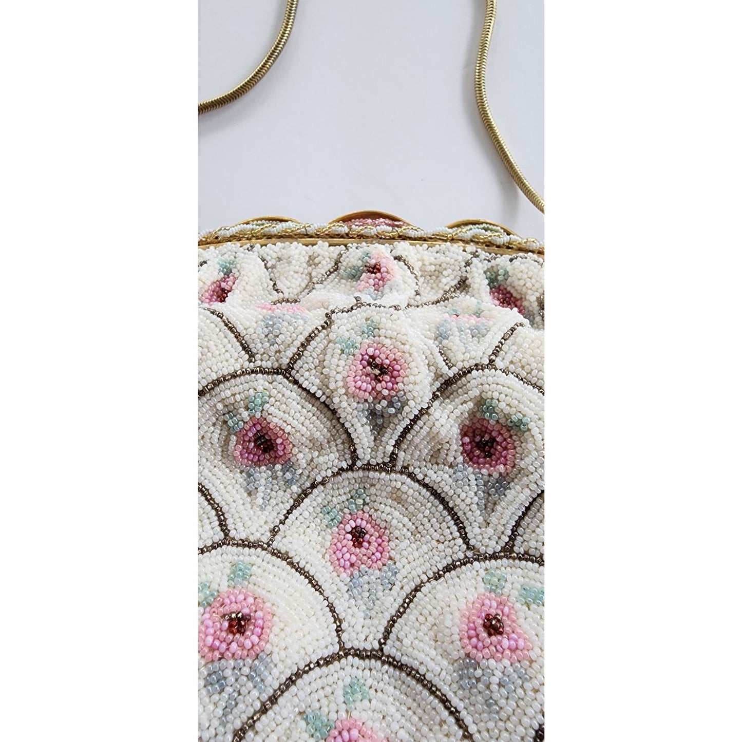 Vintage 50s Beaded Handbag Michel Swiss White Pastel French Purse Microbeading