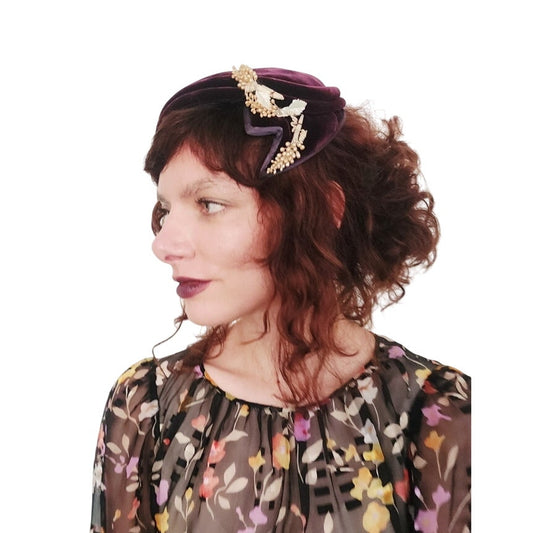 Vintage 50s Hat Burgundy Red Velvet w/Beaded Floral Trim by Anne Savel