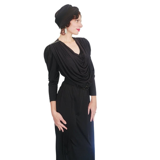 Vintage 1980s Oscar de la Renta Evening Dress Black Liquid Jersey Rhinestones Cowl Neck M