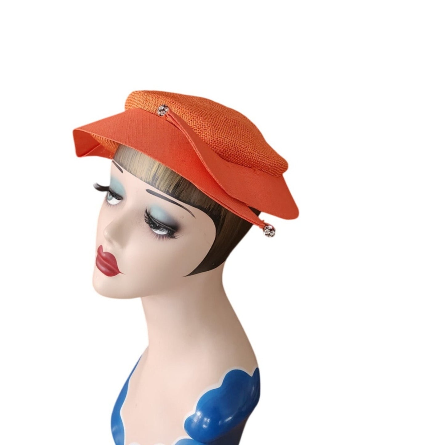 Vintage 50s Orange Straw Cocktail Hat Rhinestones Voguemont Chicago