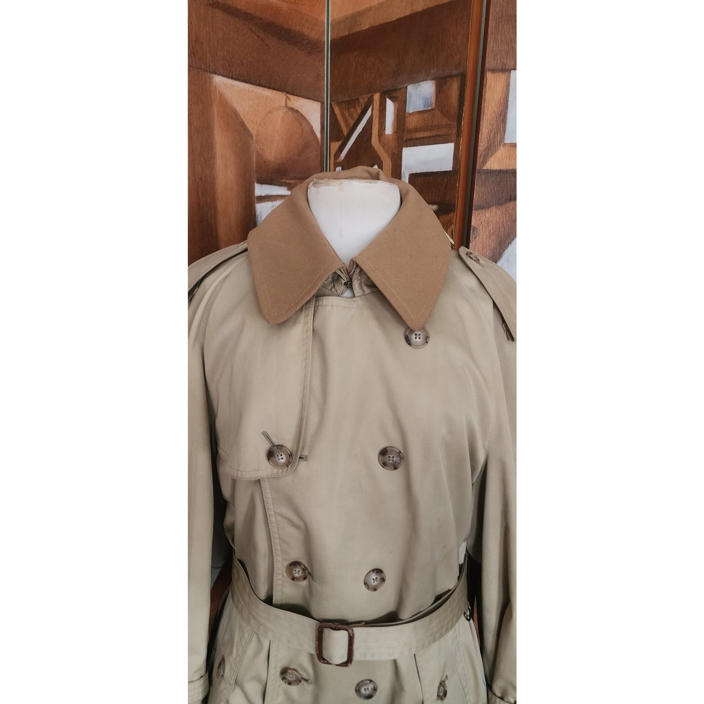 Vintage 80s Lytton's Threadneedle Chicago Mens Beige Trench Rain Coat Belted Wool Collar