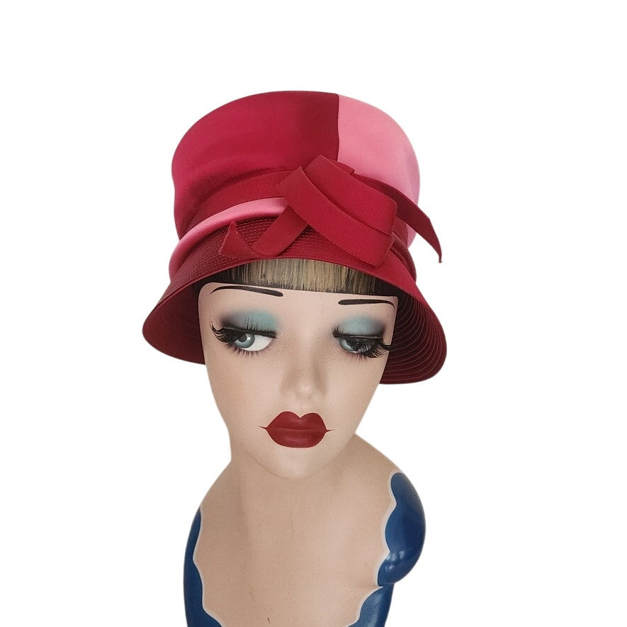 Vintage 60s Bucket Hat Red Pink Satin Cloche 20s Style Mr John Jr