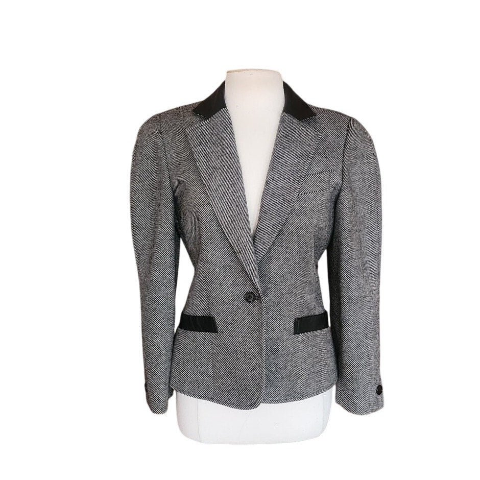 Vintage 80s GUY LAROCHE Gray Tweed Blazer Black Leather Collar / M