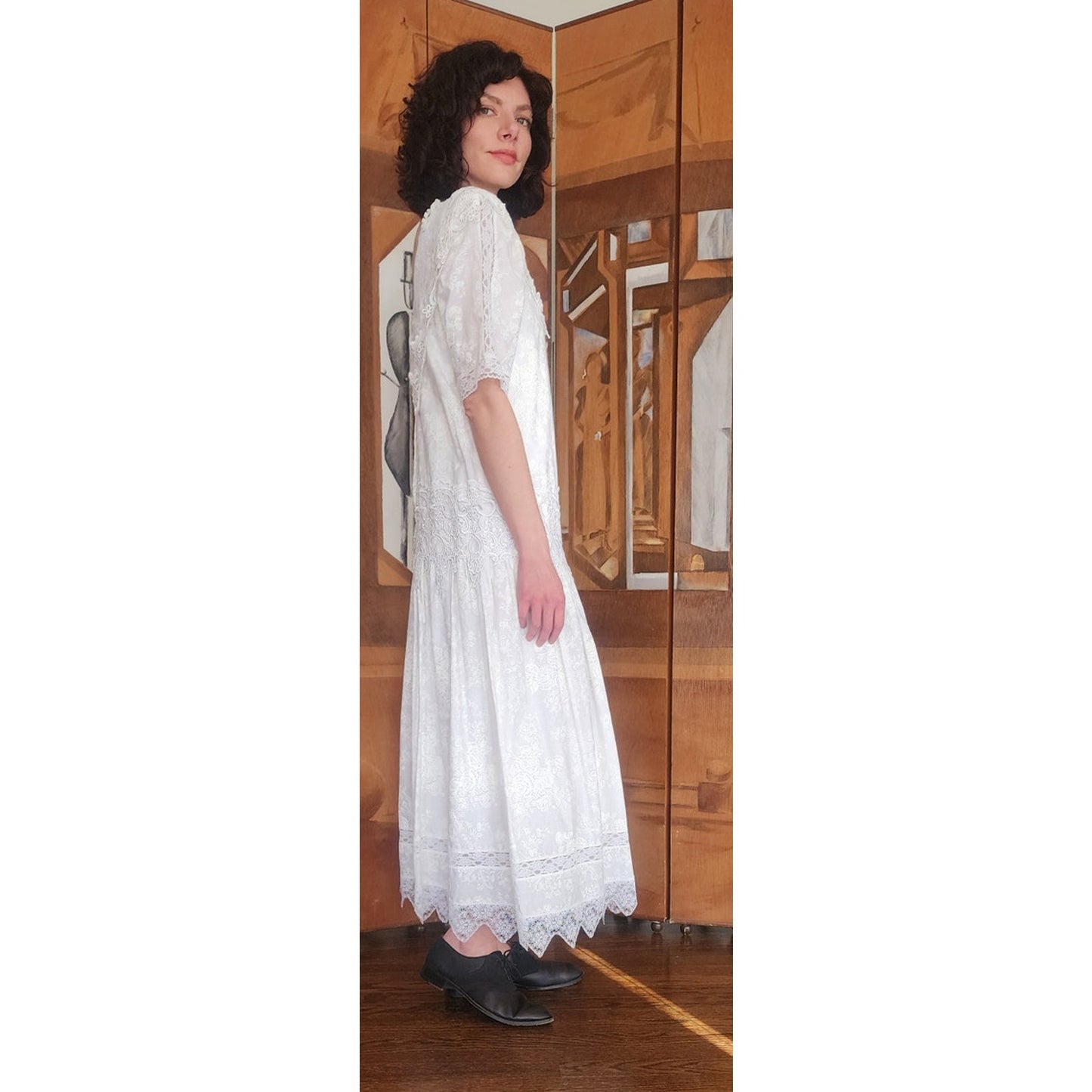 Vintage 1980s Scott McClintock White Lace Dress Drop Waist Puffed Sleeves NWT