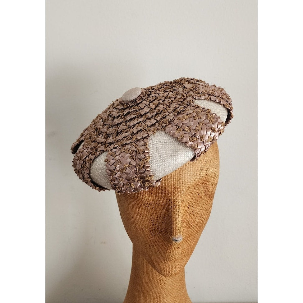 Vintage 50s Beret Hat Brown Straw Cream Silk