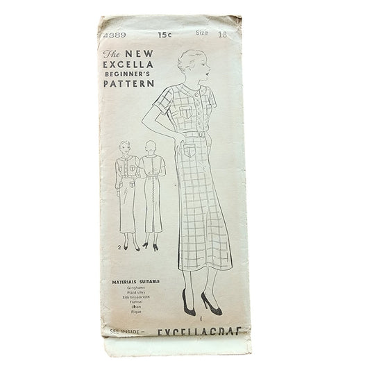 Vintage 30s Sewing Pattern: Button Front Dress Excella Pattern 4889 Bust 36