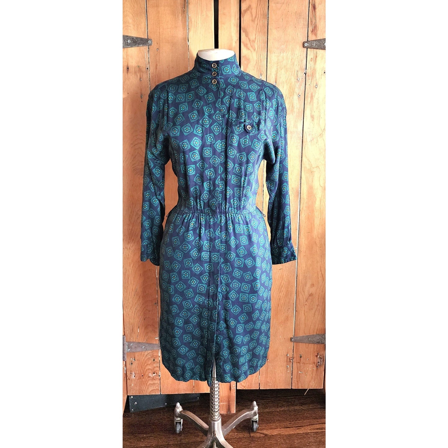 Vintage 80s Liz Claiborne Button Down Dress Green Blue Print